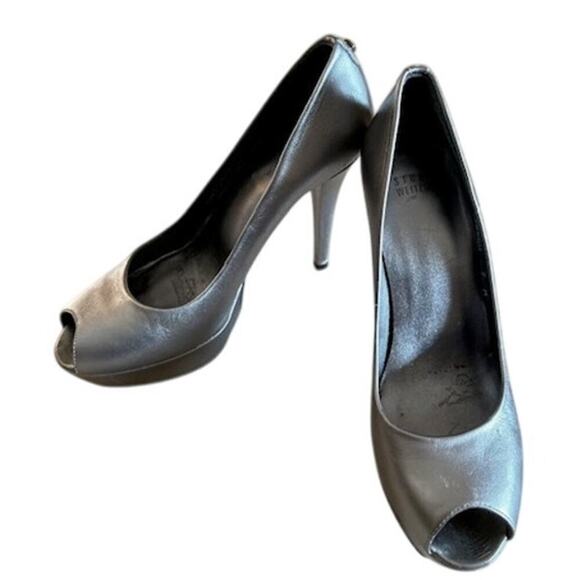 Stuart Weitzman Leather Silver Metallic Peep-Toe Heels – Size 7 Made is Spain - Picture 1 of 15